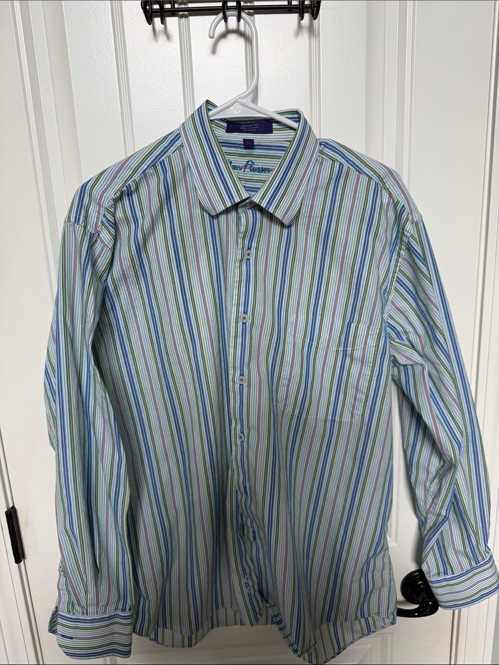 Alan Flusser Vertical Multi-Stripe Dress Shirt in Blue, Green, and White